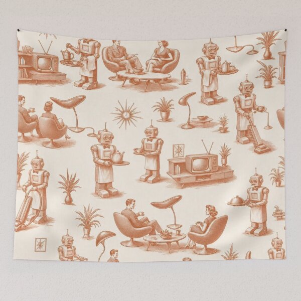 Item preview, Retro Robot Butler Toile Pattern Atomic Home designed and sold by StickyGuys.