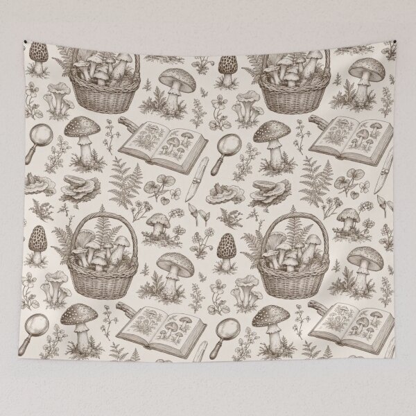 Item preview, Vintage Mushroom Foraging Toile Pattern Botanical Cottagecore designed and sold by StickyGuys.
