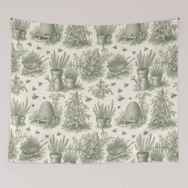 Item preview, Cottage Herb Garden Toile Pattern Vintage Bees Botanical designed and sold by StickyGuys.