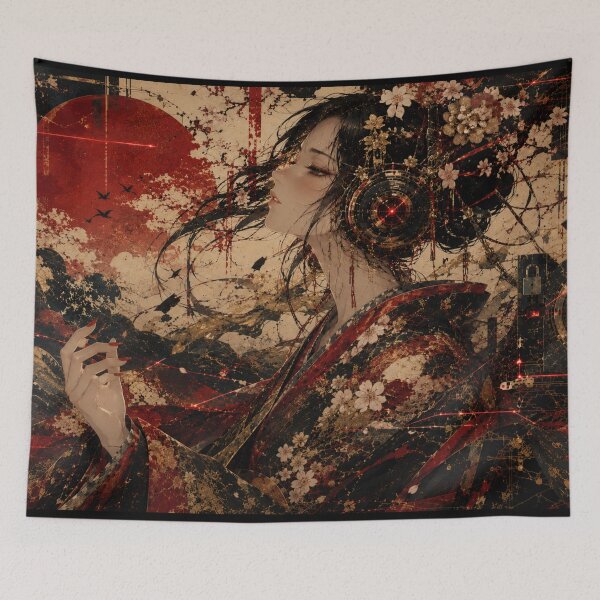 Item preview, Cyberpunk Geisha with Cherry Blossoms – Futuristic Japanese Art designed and sold by Japan-kanji-ya.