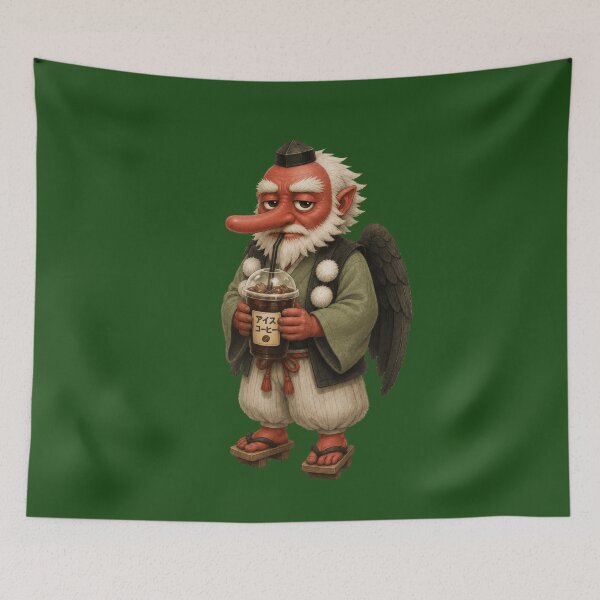Item preview, Tengu Drinking Iced Coffee | Cute Japanese Yokai Coffee Art designed and sold by TheTrendsDesk.