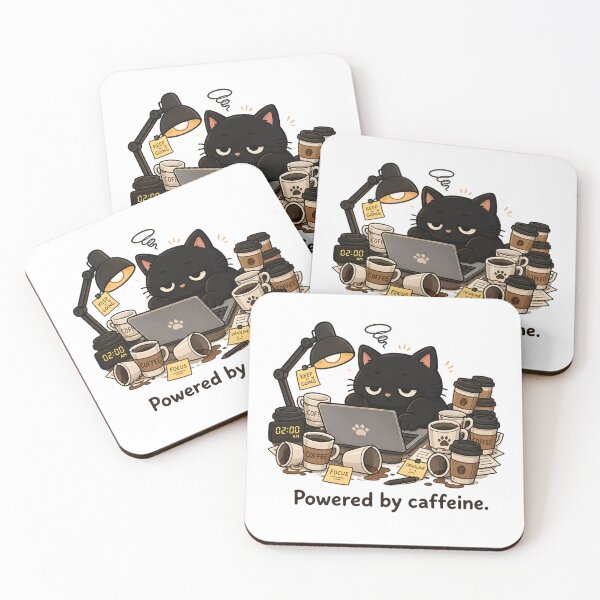 Item preview, Powered By Caffeine Cute Tired Black Cat Late Night Coffee  designed and sold by ChubbyGoong.
