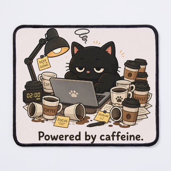 Item preview, Powered By Caffeine Cute Tired Black Cat Late Night Coffee  designed and sold by ChubbyGoong.