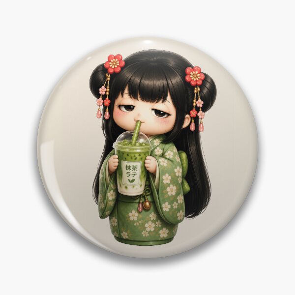 Item preview, Kokeshi Girl Drinking Matcha Latte | Cute Japanese Café Illustration designed and sold by TheTrendsDesk.