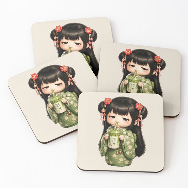 Item preview, Kokeshi Girl Drinking Matcha Latte | Cute Japanese Café Illustration designed and sold by TheTrendsDesk.