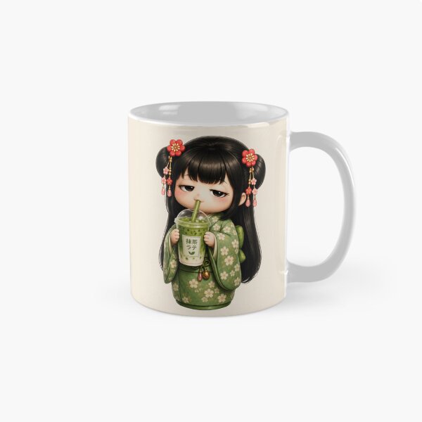 Item preview, Kokeshi Girl Drinking Matcha Latte | Cute Japanese Café Illustration designed and sold by TheTrendsDesk.