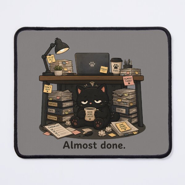 Item preview, Almost Done Funny Black Cat Under Desk Tired Work Burnout designed and sold by ChubbyGoong.