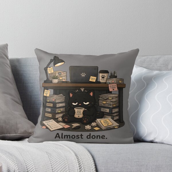 Item preview, Almost Done Funny Black Cat Under Desk Tired Work Burnout designed and sold by ChubbyGoong.