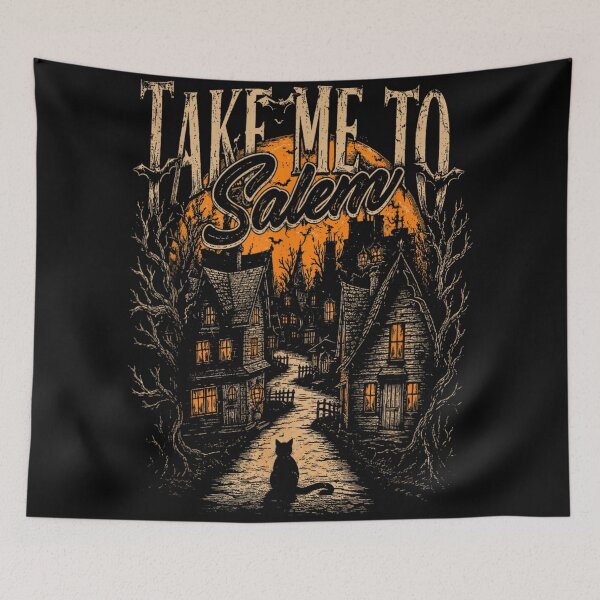Item preview, Take Me to Salem Vintage Halloween Black Cat and Spooky Village designed and sold by DienesAngele.