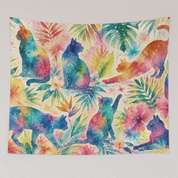 Item preview, Colorful Tropical Watercolor Cat Silhouettes designed and sold by A-C-G.