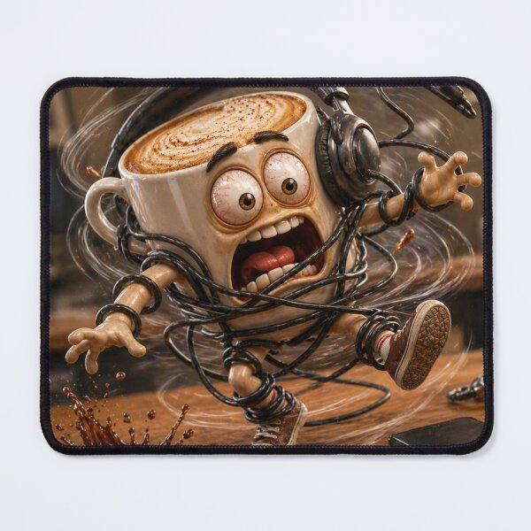Item preview, Funny Coffee Tangled in Headphones Tech Chaos Cartoon designed and sold by ComedyInkFactor.