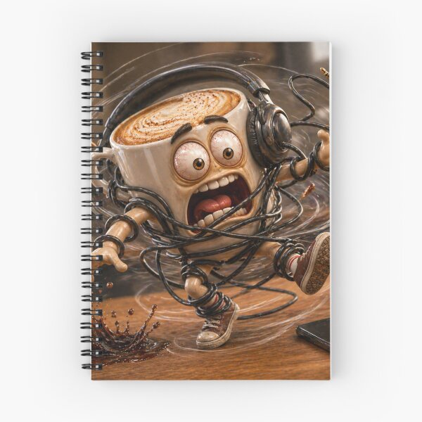 Item preview, Funny Coffee Tangled in Headphones Tech Chaos Cartoon designed and sold by ComedyInkFactor.