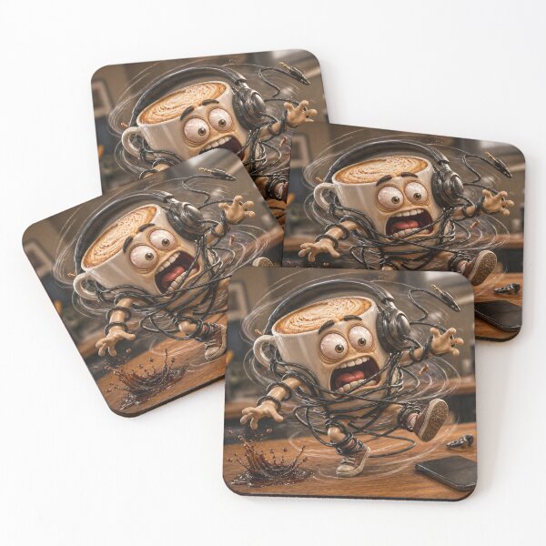 Item preview, Funny Coffee Tangled in Headphones Tech Chaos Cartoon designed and sold by ComedyInkFactor.