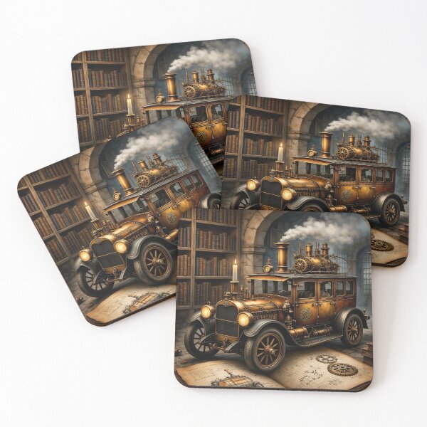Item preview, Steampunk Steam Car in a Library – Vintage Clockwork Vehicle Fantasy Print designed and sold by Kaleidoscope Print.