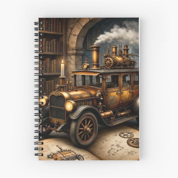 Item preview, Steampunk Steam Car in a Library – Vintage Clockwork Vehicle Fantasy Print designed and sold by Kaleidoscope Print.
