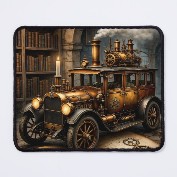 Item preview, Steampunk Steam Car in a Library – Vintage Clockwork Vehicle Fantasy Print designed and sold by Kaleidoscope Print.