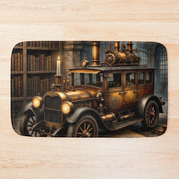 Item preview, Steampunk Steam Car in a Library – Vintage Clockwork Vehicle Fantasy Print designed and sold by Kaleidoscope Print.