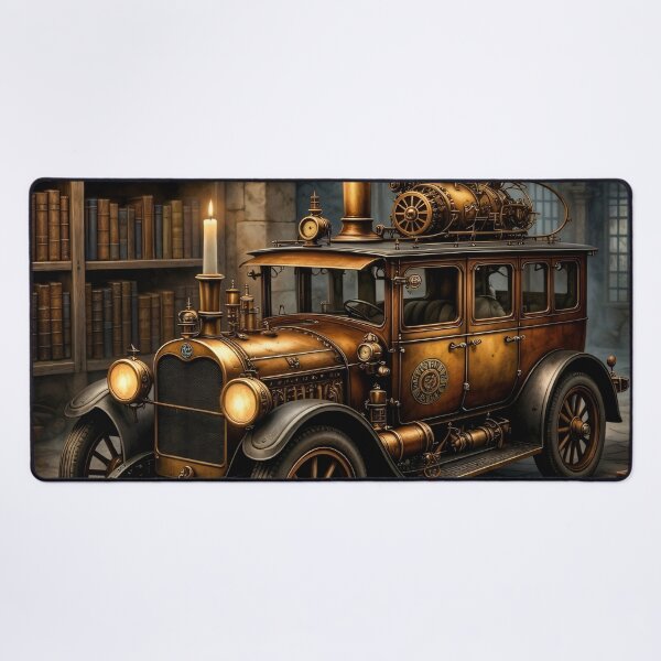 Item preview, Steampunk Steam Car in a Library – Vintage Clockwork Vehicle Fantasy Print designed and sold by Kaleidoscope Print.