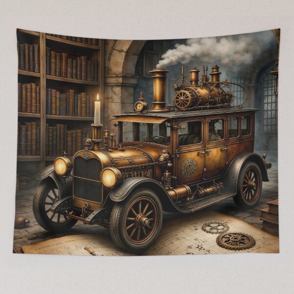 Item preview, Steampunk Steam Car in a Library – Vintage Clockwork Vehicle Fantasy Print designed and sold by Kaleidoscope Print.
