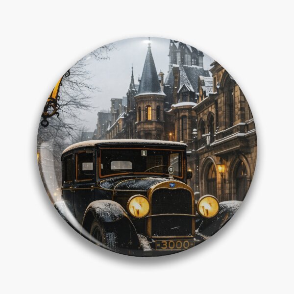 Item preview, Vintage Car on a Snowy Gothic Street – Cozy Winter Cityscape Print designed and sold by Kaleidoscope Print.
