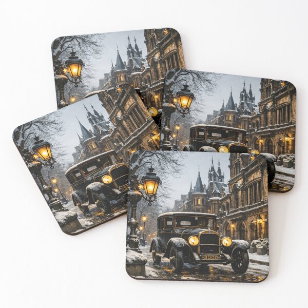Item preview, Vintage Car on a Snowy Gothic Street – Cozy Winter Cityscape Print designed and sold by Kaleidoscope Print.