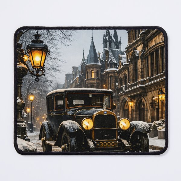 Item preview, Vintage Car on a Snowy Gothic Street – Cozy Winter Cityscape Print designed and sold by Kaleidoscope Print.