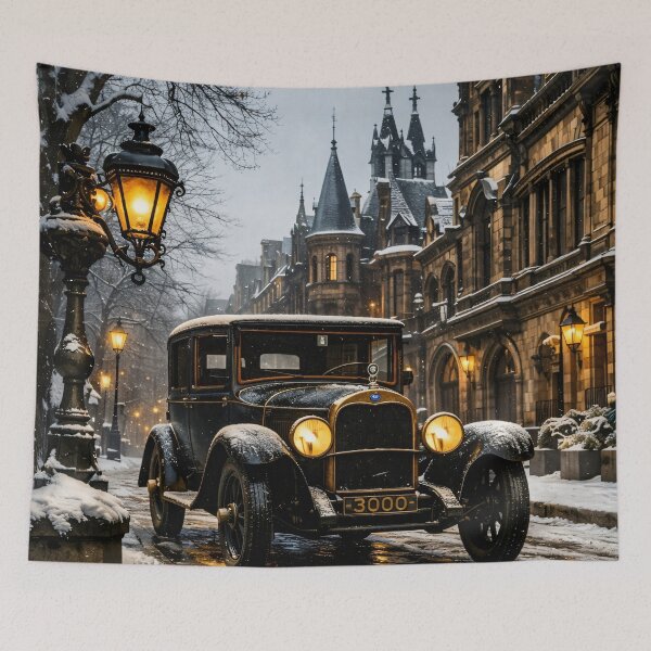 Aperçu de l'œuvre Voiture ancienne dans une rue gothique enneigée – Illustration de paysage urbain hivernal chaleureux créée et vendue par Kaleidoscope Print.