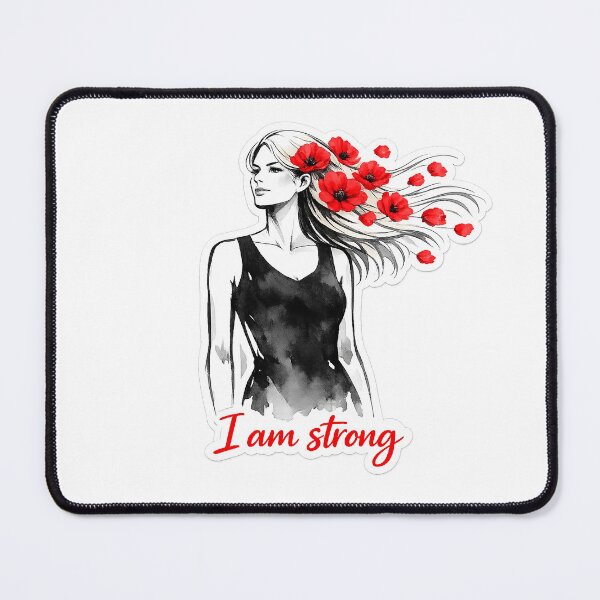 Item preview, Strong woman image in black and white with red popies in her hair designed and sold by wallartofmio.