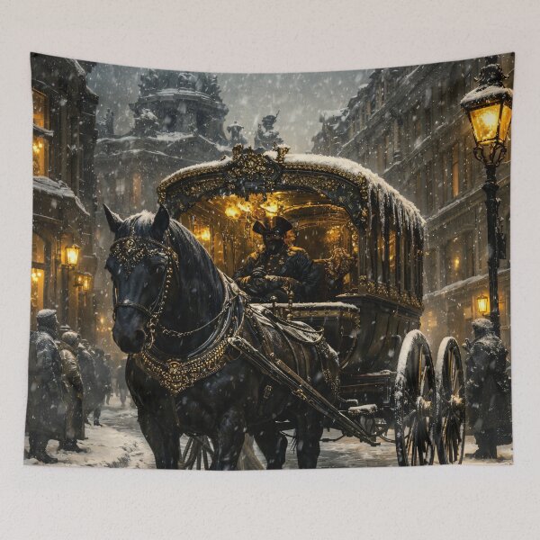 Item preview, Victorian Horse Carriage in Snow – Gothic Winter Cityscape Print designed and sold by Kaleidoscope Print.