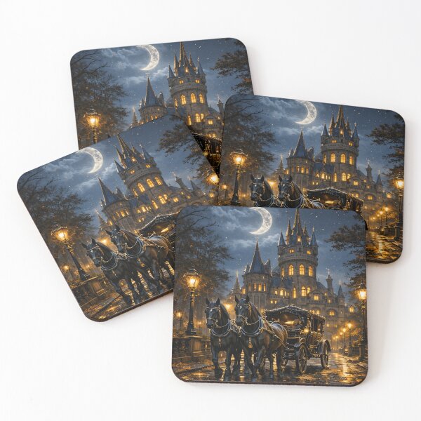 Item preview, Moonlit Gothic Castle Carriage – Dark Fairytale Horse and Coach Print designed and sold by Kaleidoscope Print.