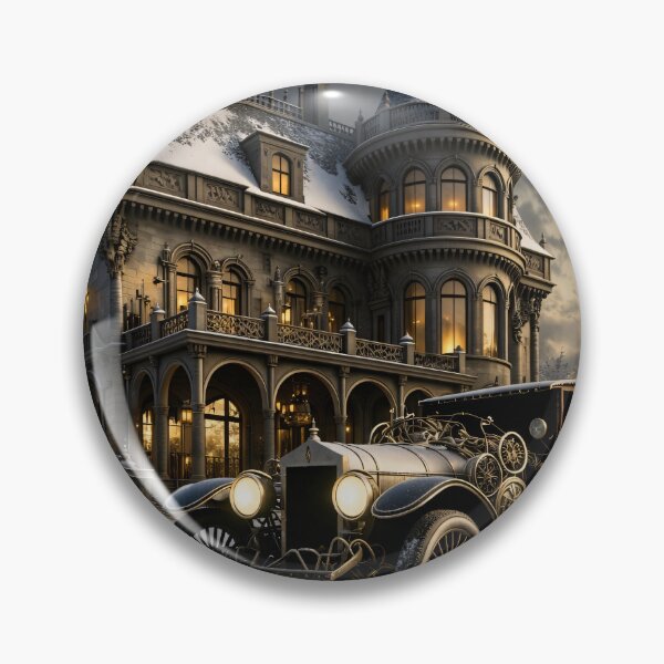 Item preview, Vintage Luxury Car at a Snowy Gothic Mansion – Winter Elegance Print designed and sold by Kaleidoscope Print.