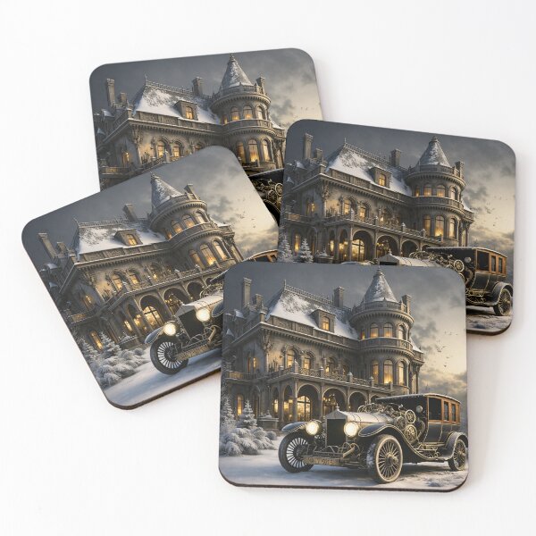 Item preview, Vintage Luxury Car at a Snowy Gothic Mansion – Winter Elegance Print designed and sold by Kaleidoscope Print.