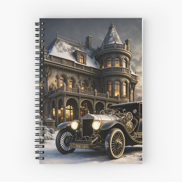 Item preview, Vintage Luxury Car at a Snowy Gothic Mansion – Winter Elegance Print designed and sold by Kaleidoscope Print.