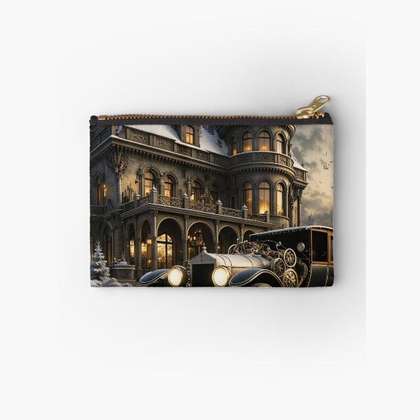 Item preview, Vintage Luxury Car at a Snowy Gothic Mansion – Winter Elegance Print designed and sold by Kaleidoscope Print.