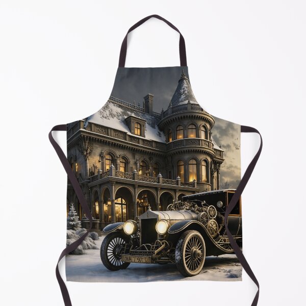 Item preview, Vintage Luxury Car at a Snowy Gothic Mansion – Winter Elegance Print designed and sold by Kaleidoscope Print.