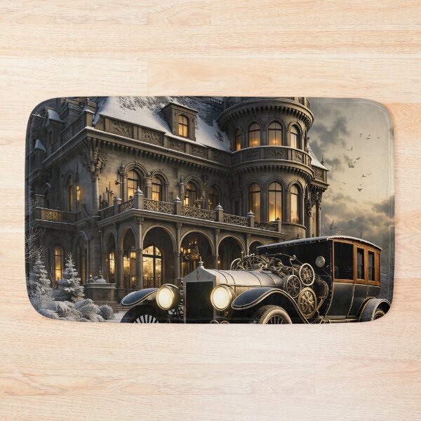 Item preview, Vintage Luxury Car at a Snowy Gothic Mansion – Winter Elegance Print designed and sold by Kaleidoscope Print.