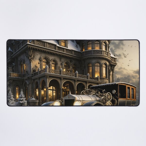 Item preview, Vintage Luxury Car at a Snowy Gothic Mansion – Winter Elegance Print designed and sold by Kaleidoscope Print.