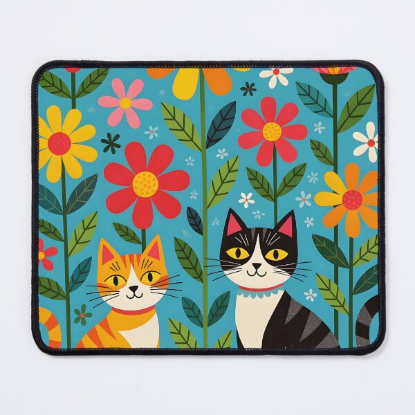 Item preview, Vibrant blooming garden with stylized flowers and playful cats designed and sold by Ponted.