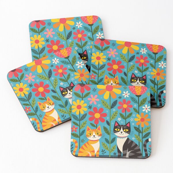Item preview, Vibrant blooming garden with stylized flowers and playful cats designed and sold by Ponted.
