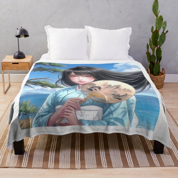 Item preview, A young girl wearing a kimono with traditional Japanese patterns and a fantastical Japanese beach scene. designed and sold by Aki-no-Mado Shop.