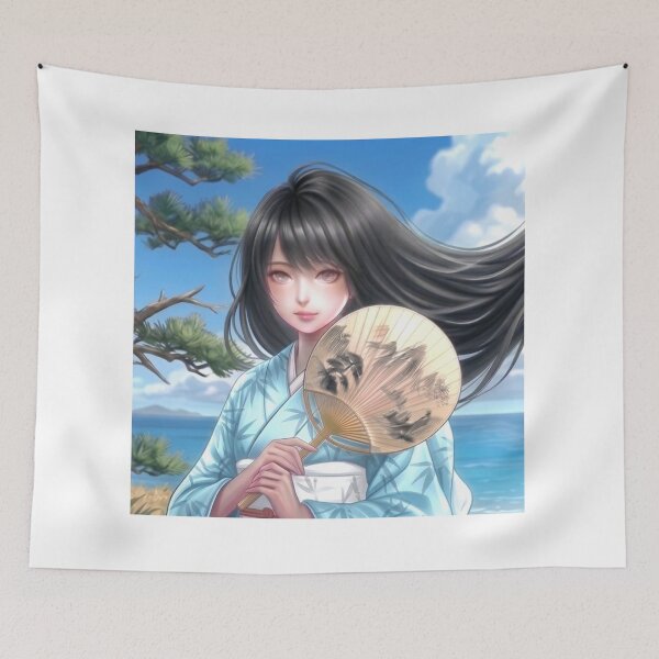 Item preview, A young girl wearing a kimono with traditional Japanese patterns and a fantastical Japanese beach scene. designed and sold by Aki-no-Mado Shop.