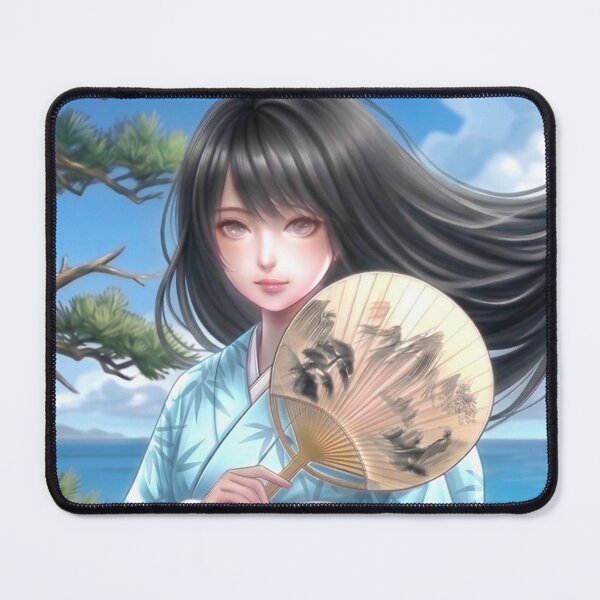 Item preview, A young girl wearing a kimono with traditional Japanese patterns and a fantastical Japanese beach scene. designed and sold by Aki-no-Mado Shop.