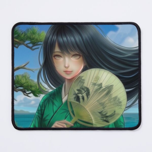 Item preview, A young girl wearing a kimono with traditional Japanese patterns and a fantastical Japanese beach scene. designed and sold by Aki-no-Mado Shop.