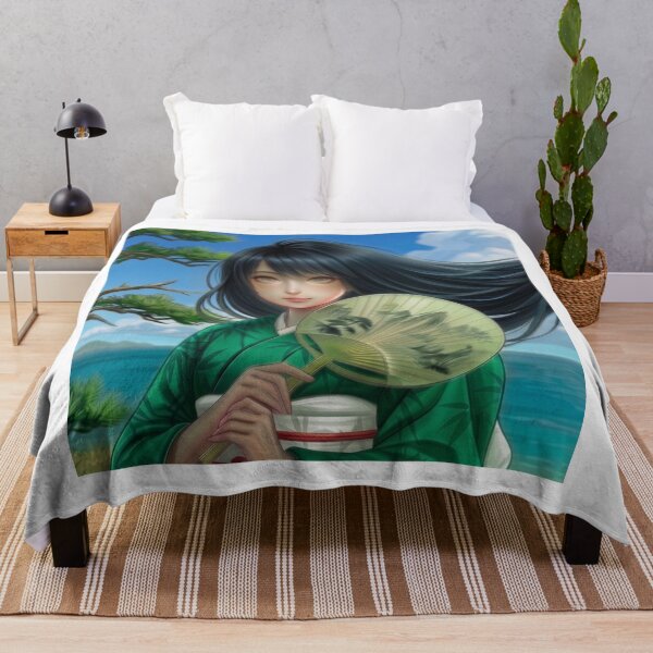 Item preview, A young girl wearing a kimono with traditional Japanese patterns and a fantastical Japanese beach scene. designed and sold by Aki-no-Mado Shop.