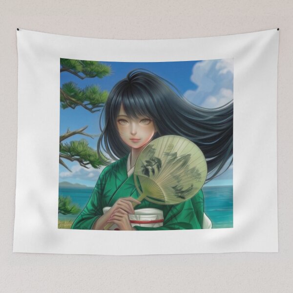 Item preview, A young girl wearing a kimono with traditional Japanese patterns and a fantastical Japanese beach scene. designed and sold by Aki-no-Mado Shop.