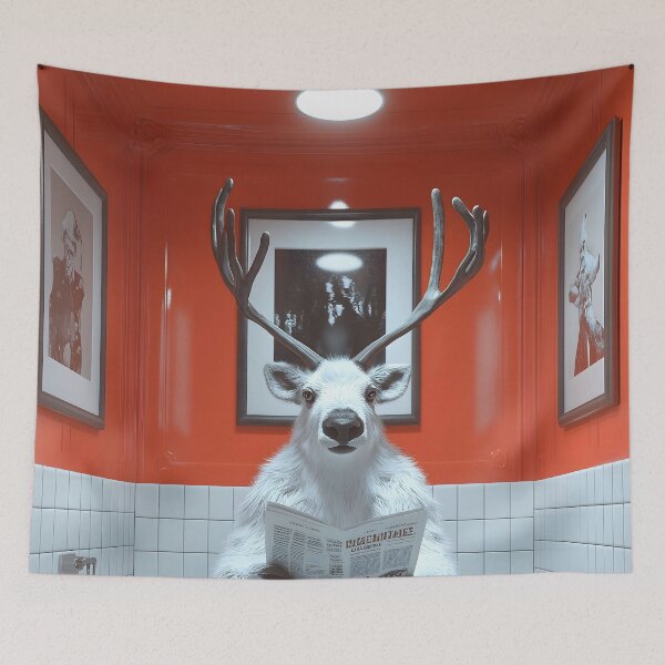 Item preview, Reindeer Caribou Newspaper Bathroom Humor White Orange Restroom Scene designed and sold by earlobejerk.