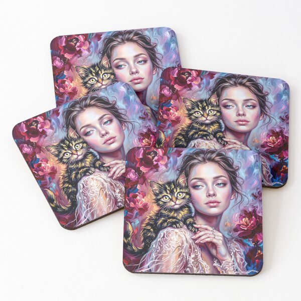 Item preview, Magical Impasto Woman and Cat Portrait Among Blooming Flowers | Colorful Textured Wall Art designed and sold by QQQueen.