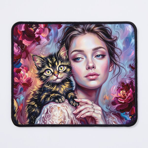 Item preview, Magical Impasto Woman and Cat Portrait Among Blooming Flowers | Colorful Textured Wall Art designed and sold by QQQueen.