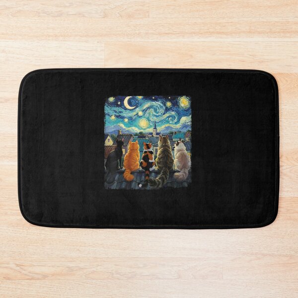 Aperçu de l'œuvre T-shirts amusants avec un chat et une scène de toit style Van Gogh La Nuit étoilée créée et vendue par MatherFisher.