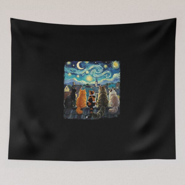 Item preview, Funny Cat Starry Night Van Gogh Style Rooftop Scene Tees designed and sold by MatherFisher.